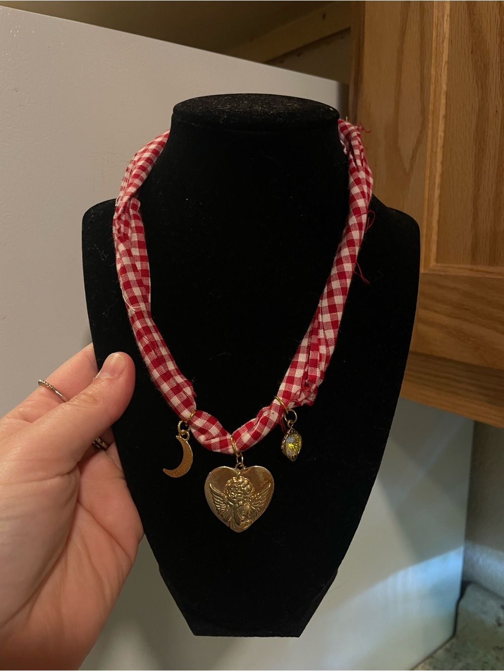 Red Gingham Heart Charm Necklace with Gold Pendants